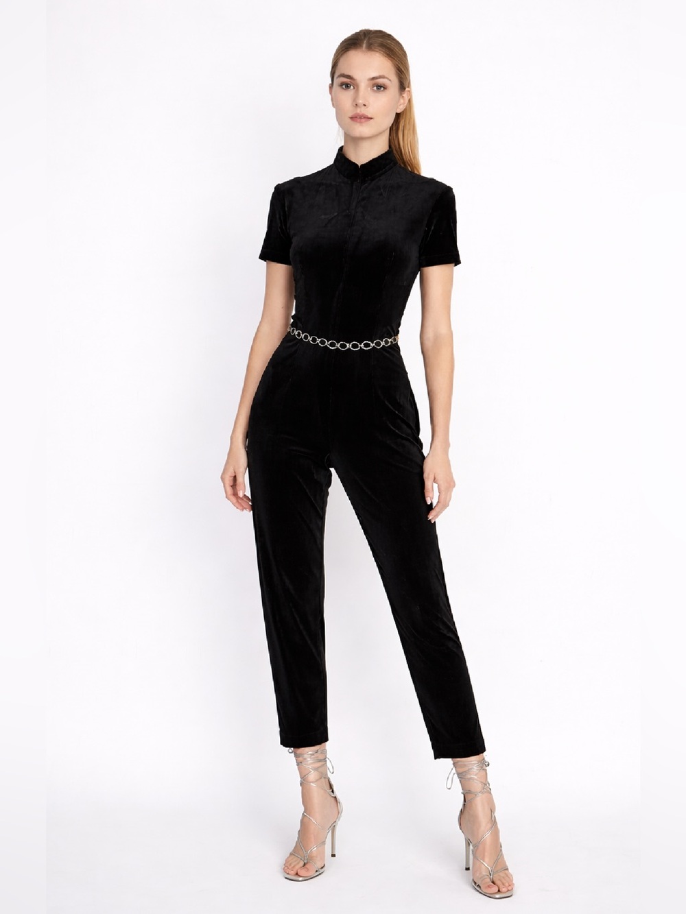 Vintage 1980s Black Velvet Full Length Jumpsuit w/ belt